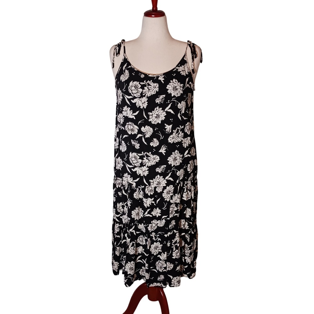 Gilli Floral Print‎ Midi Dress Sleeveless Tie Straps Black White Size L
